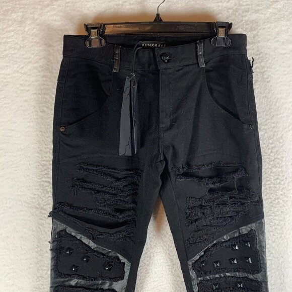 Punk Rave MIA Pants Men's M/S Black Cotton Studded Straight Fit Distressed S9781 - Picture 2 of 15